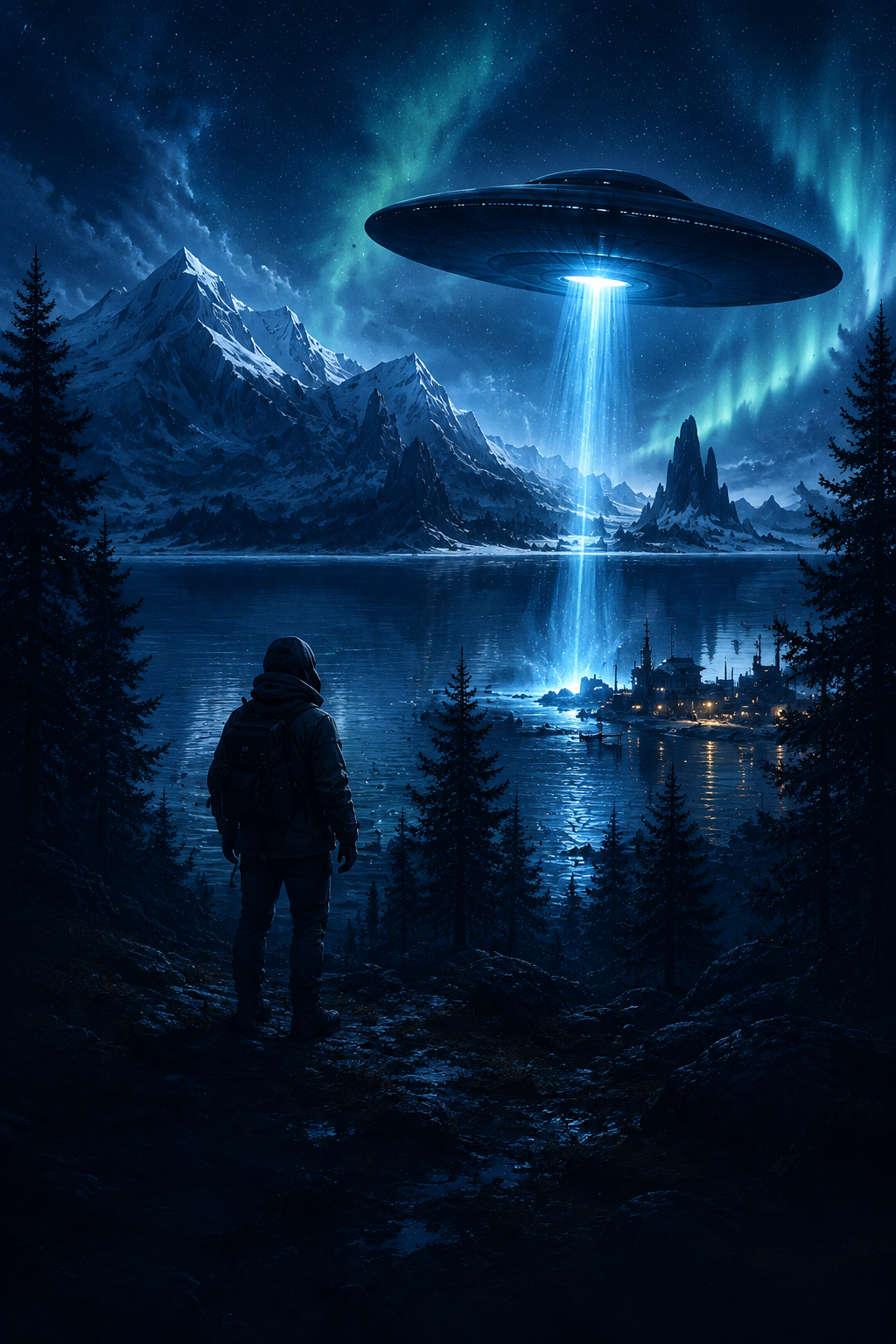 Un ovni ilumina un lago entre montañas nevadas mientras un explorador observa desde la orilla.