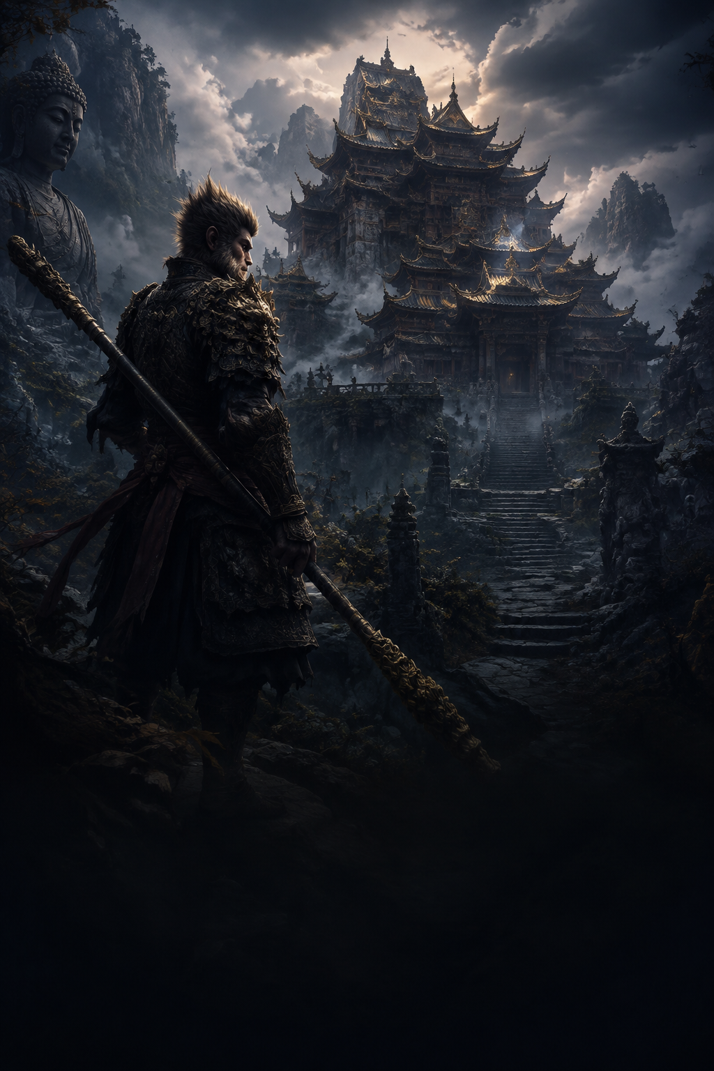 El Destinado de Black Myth: Wukong, con su bastón ante un templo entre montañas brumosas.